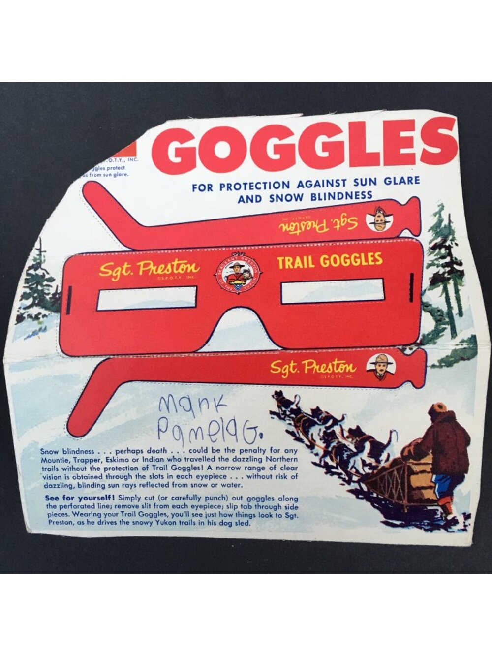 Vintage Sgt. Preston Trail Goggles Cut-Out Anti-Snow Blindness Protection Kids